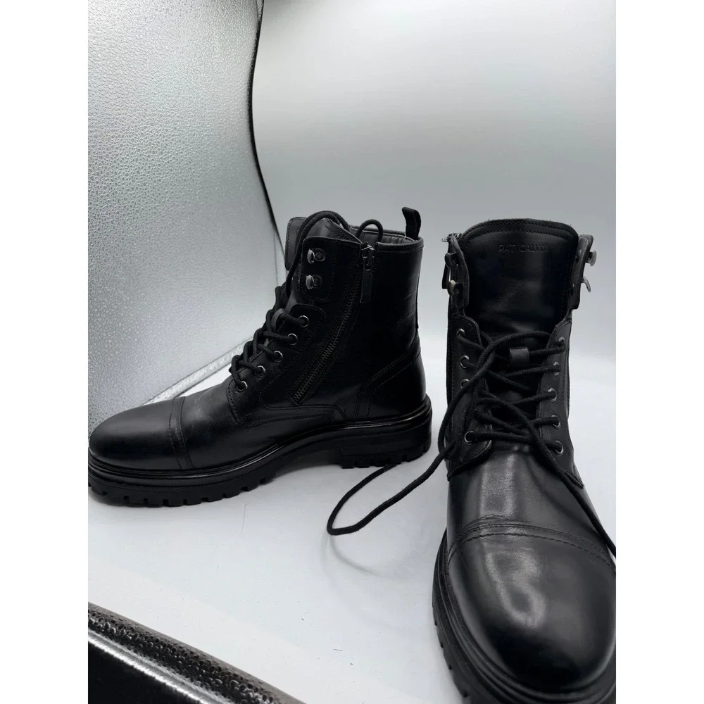 Pat Calvin Mens Black Leather Combat Boots Side Zip Cap Toe Lug Sole EU 43 US 10